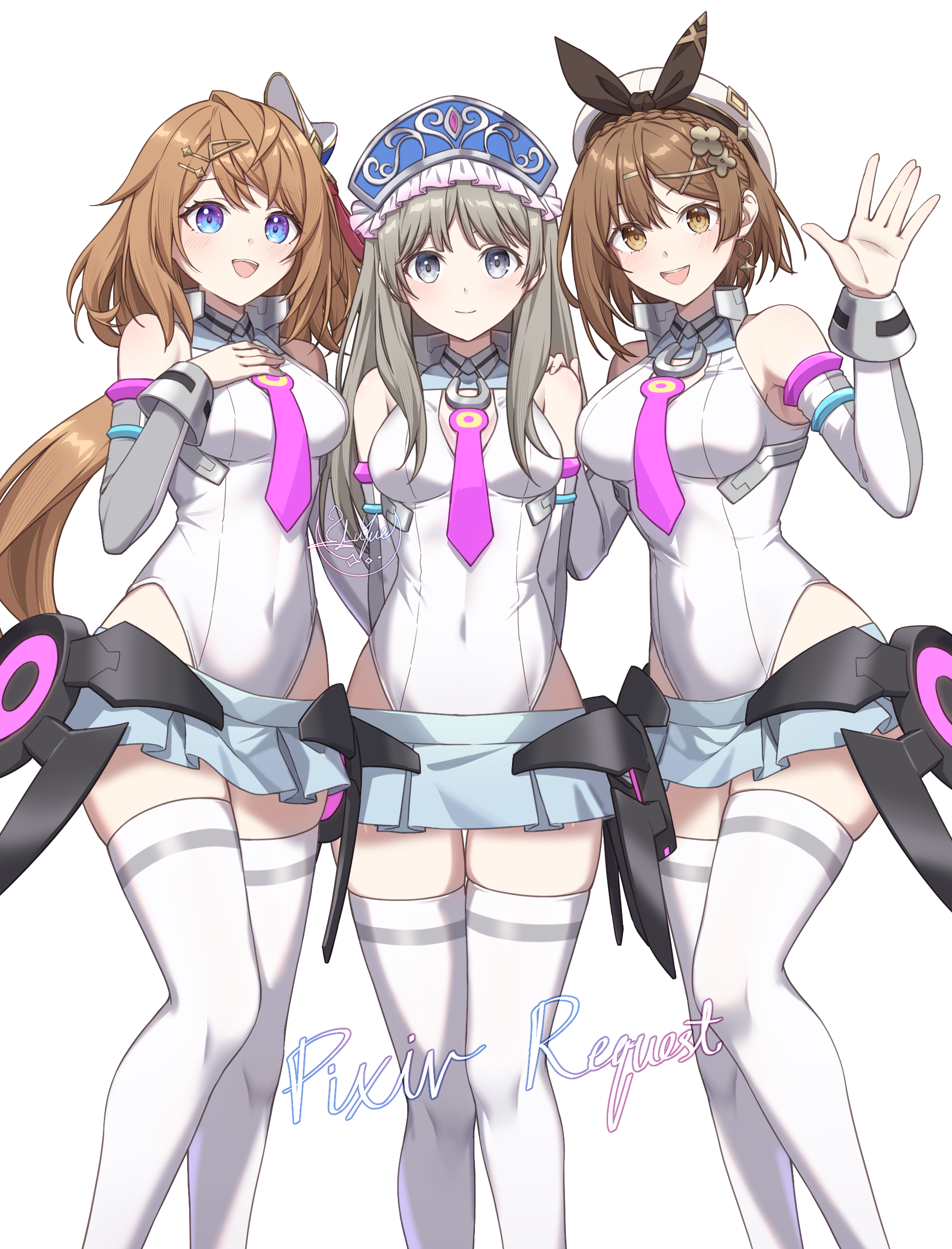 luyue, mihono bourbon (umamusume), reisalin stout, resna sternenlicht, totooria helmold, atelier (series), atelier meruru, atelier resleriana, atelier ryza, umamusume, absurdres, commission, highres, pixiv commission, 3girls, blue eyes, breasts, brown eyes, brown hair, cosplay, detached sleeves, grey hair, grey skirt, highleg, highleg leotard, horseshoe ornament, large breasts, leotard, lowleg, lowleg skirt, medium hair, mihono bourbon (umamusume) (cosplay), miniskirt, multiple girls, necktie, pink necktie, skirt, thighhighs, white background, white leotard, white thighhighs, zettai ryouiki