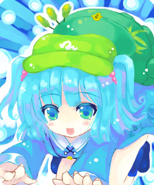 23, 23 (candy chapus), kawashiro nitori, touhou, 1girl, aqua eyes, aqua hair, backpack, bag, blush stickers, female focus, hair bobbles, hair ornament, happy, hat, leaf, looking at viewer, open mouth, pocket, solo, two side up