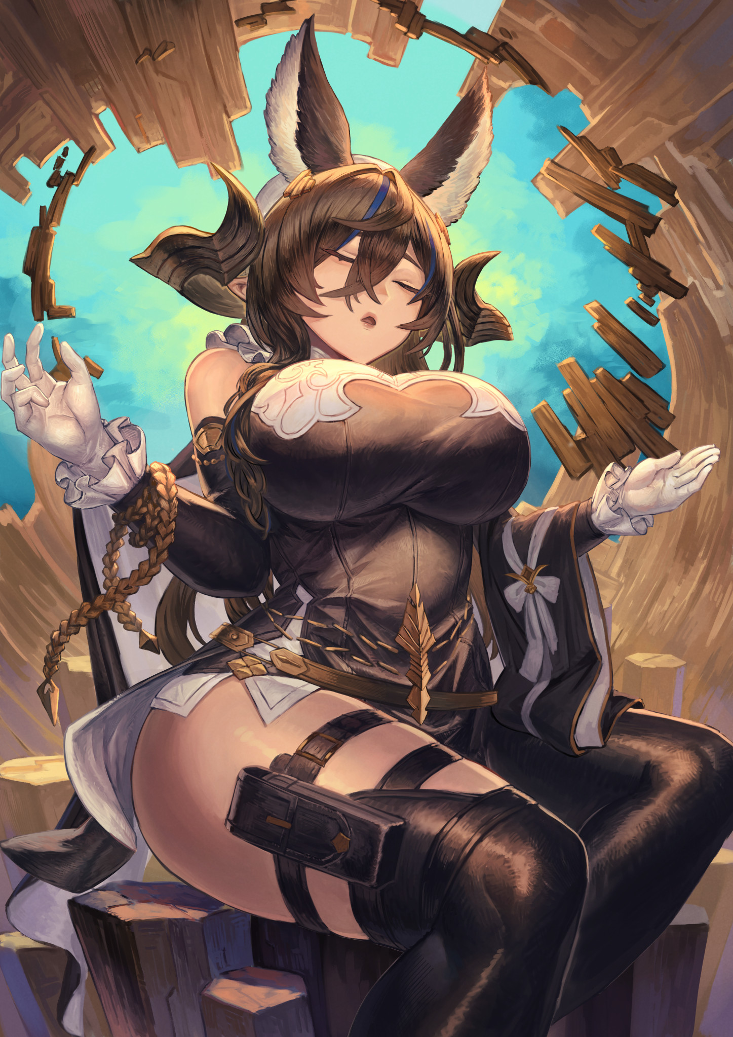konoike (pepe expect), galleon (granblue fantasy), granblue fantasy, highres, 1girl, animal ears, bare shoulders, black dress, black thighhighs, breasts, brown hair, closed eyes, detached sleeves, dress, extra ears, gloves, horns, large breasts, long hair, multicolored hair, open mouth, pelvic curtain, pointy ears, solo, streaked hair, swept bangs, thigh strap, thighhighs, thighs, two-tone dress, white dress, white gloves, wide sleeves