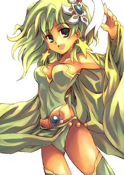 kouno hikaru, rydia (adult) (ff4), rydia (ff4), final fantasy, final fantasy iv, 1990s (style), 1girl, fang, female focus, green eyes, green hair, leotard, retro artstyle, solo