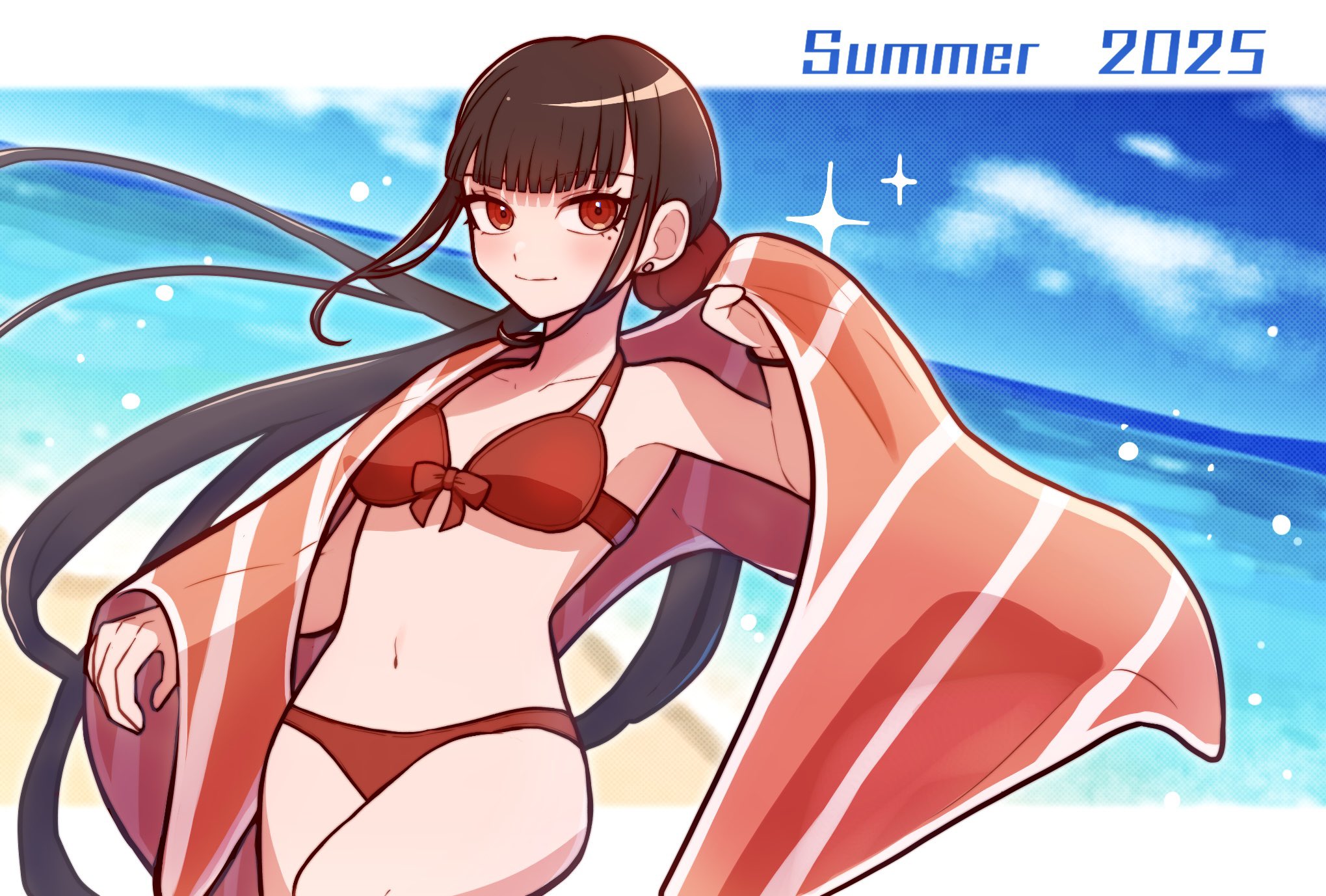kirin (suzoke 1), harukawa maki, danganronpa (series), danganronpa v3: killing harmony, highres, 1girl, bare shoulders, beach, bikini, blunt bangs, brown hair, hair ornament, hair scrunchie, long hair, looking at viewer, low twintails, mole, mole under eye, navel, red bikini, red eyes, red scrunchie, scrunchie, solo, stomach, swimsuit, towel, twintails, water