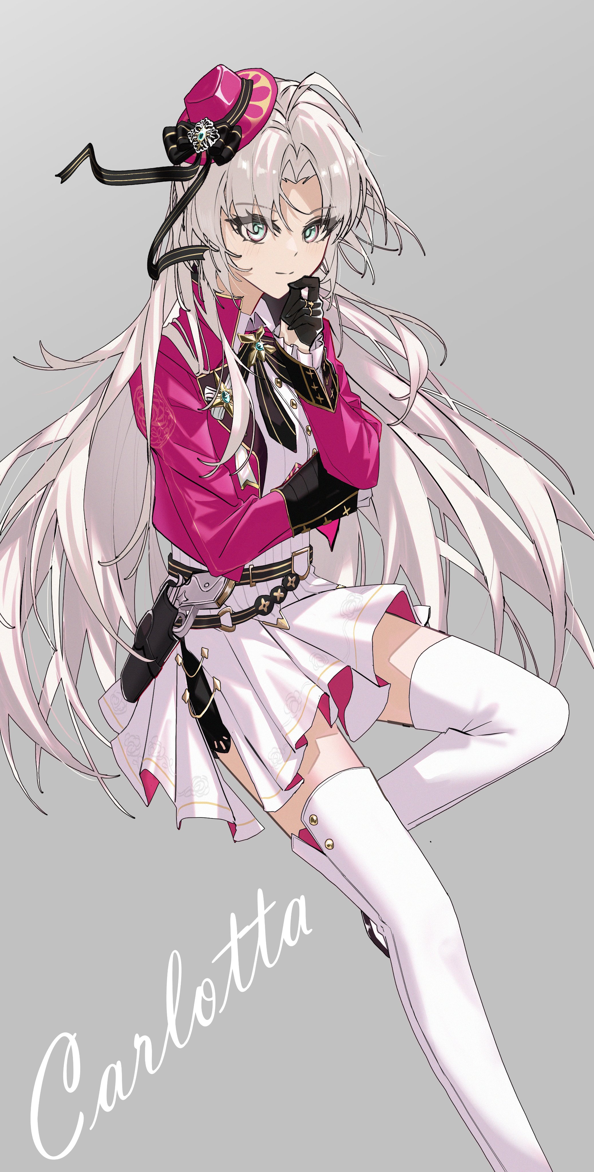 rena (rena emc2), carlotta (wuthering waves), wuthering waves, absurdres, commentary, hashtag-only commentary, highres, 1girl, aqua eyes, black gloves, boots, breasts, character signature, closed mouth, collared dress, dress, gloves, grey background, gun, half gloves, hand up, hat, holster, holstered, jacket, long hair, long sleeves, looking at viewer, medium breasts, official alternate costume, parted bangs, pink hat, pink jacket, simple background, smile, solo, thigh boots, thighs, very long hair, weapon, white boots, white dress, white hair