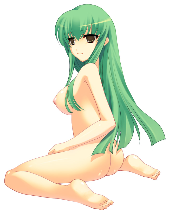 ookami ryousuke, c.c., code geass, 00s, 1girl, ass, barefoot, breasts, completely nude, feet, female focus, green hair, large breasts, long hair, looking back, nipples, nude, simple background, sitting, soles, solo, wariza, yellow eyes