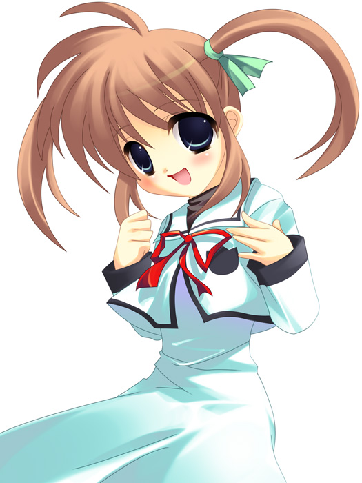 ookami ryousuke, takamachi nanoha, lyrical nanoha, mahou shoujo lyrical nanoha, 00s, 1girl, blue eyes, brown hair, female focus, purple eyes, red hair, school uniform, serafuku, solo, twintails