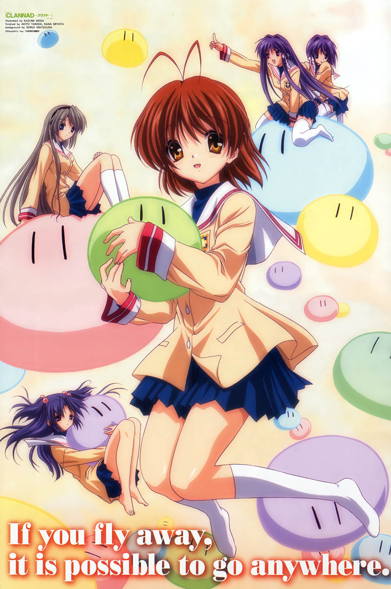 ikeda kazumi, fujibayashi kyou, fujibayashi ryou, furukawa nagisa, ichinose kotomi, sakagami tomoyo, clannad, dango daikazoku, white legwear, highres, official art, 00s, 5girls, antenna hair, barefoot, dango, english text, feet, food, hair bobbles, hair intakes, hair ornament, hair ribbon, hairband, kneehighs, long hair, multiple girls, ribbon, school uniform, serafuku, siblings, sisters, socks, thighhighs, twins, two side up, wagashi, zettai ryouiki