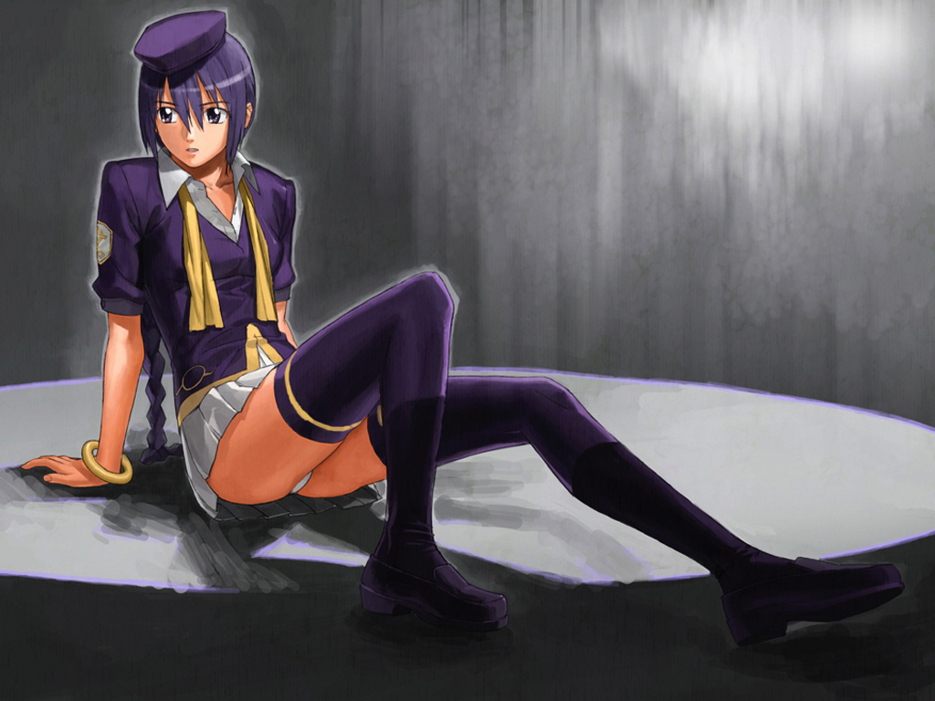 guerilla stunt studio, sion eltnam (type-moon), sion eltnam atlasia, melty blood, tsukihime, type-moon, 00s, 1girl, bracelet, braid, female focus, jewelry, miniskirt, panties, purple eyes, purple hair, skirt, solo, thighhighs, underwear, zettai ryouiki
