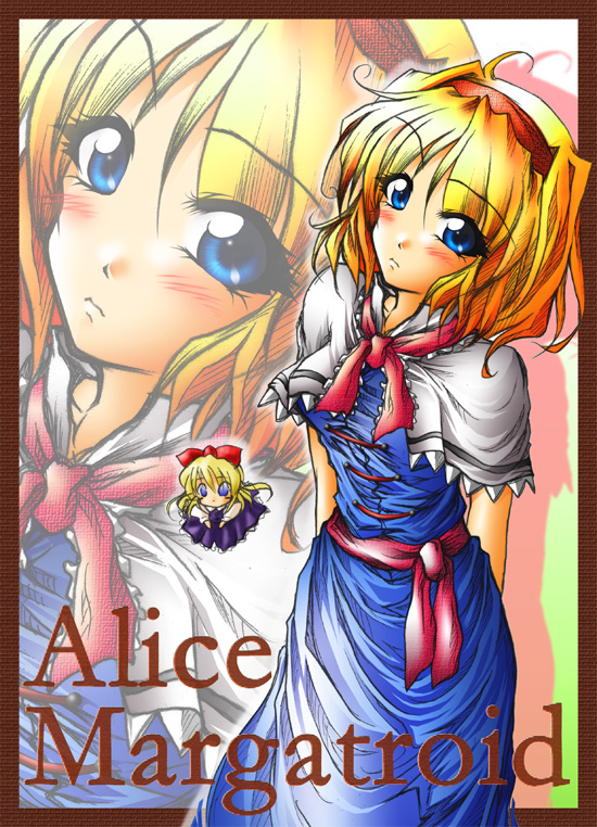kemuken, alice margatroid, shanghai doll, touhou, 2girls, arms behind back, blonde hair, blue eyes, blush, character name, female focus, hairband, multiple girls, solo, zoom layer