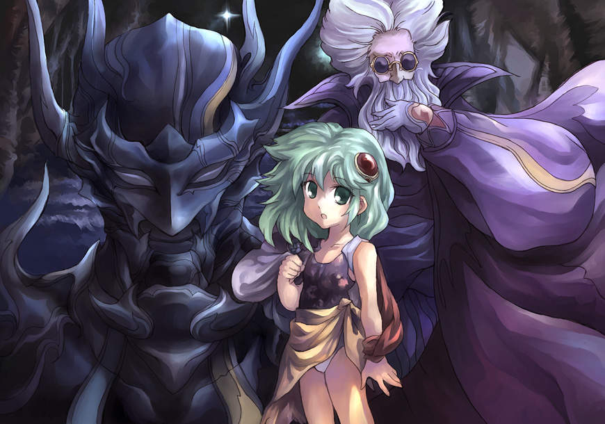 kouno hikaru, cecil harvey, dark knight (final fantasy), rydia (ff4), rydia (young) (ff4), tellah, final fantasy, final fantasy iv, 1990s (style), 1boy, 1girl, aged down, child, dark knight, green hair, retro artstyle