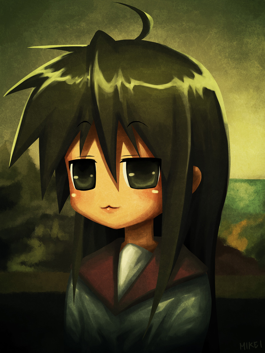 mike inel, izumi konata, lucky star, mona lisa, highres, 1girl, :3, ahoge, female focus, fine art parody, parody, solo