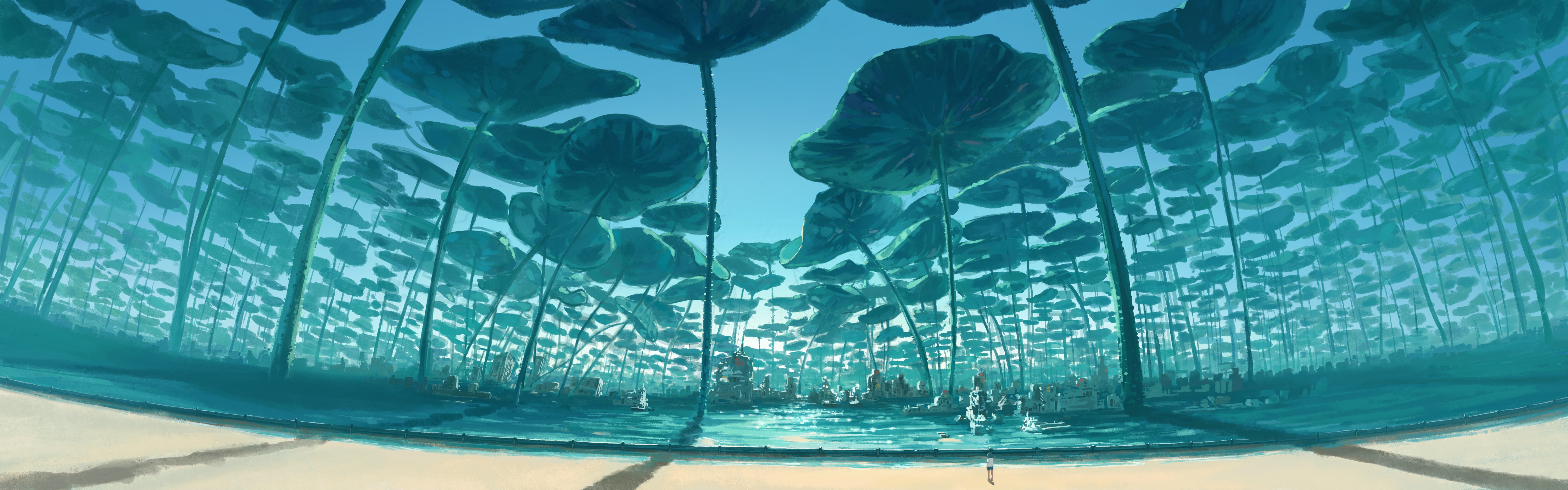original, absurdres, chinese commentary, commentary request, highres, 1other, ambiguous gender, beach, blue sky, building, day, feitu233, flood, from behind, lotus leaf, ocean, outdoors, oversized plant, plant, plant focus, ruins, sand, scenery, shadow, sky, standing, sunlight, very wide shot