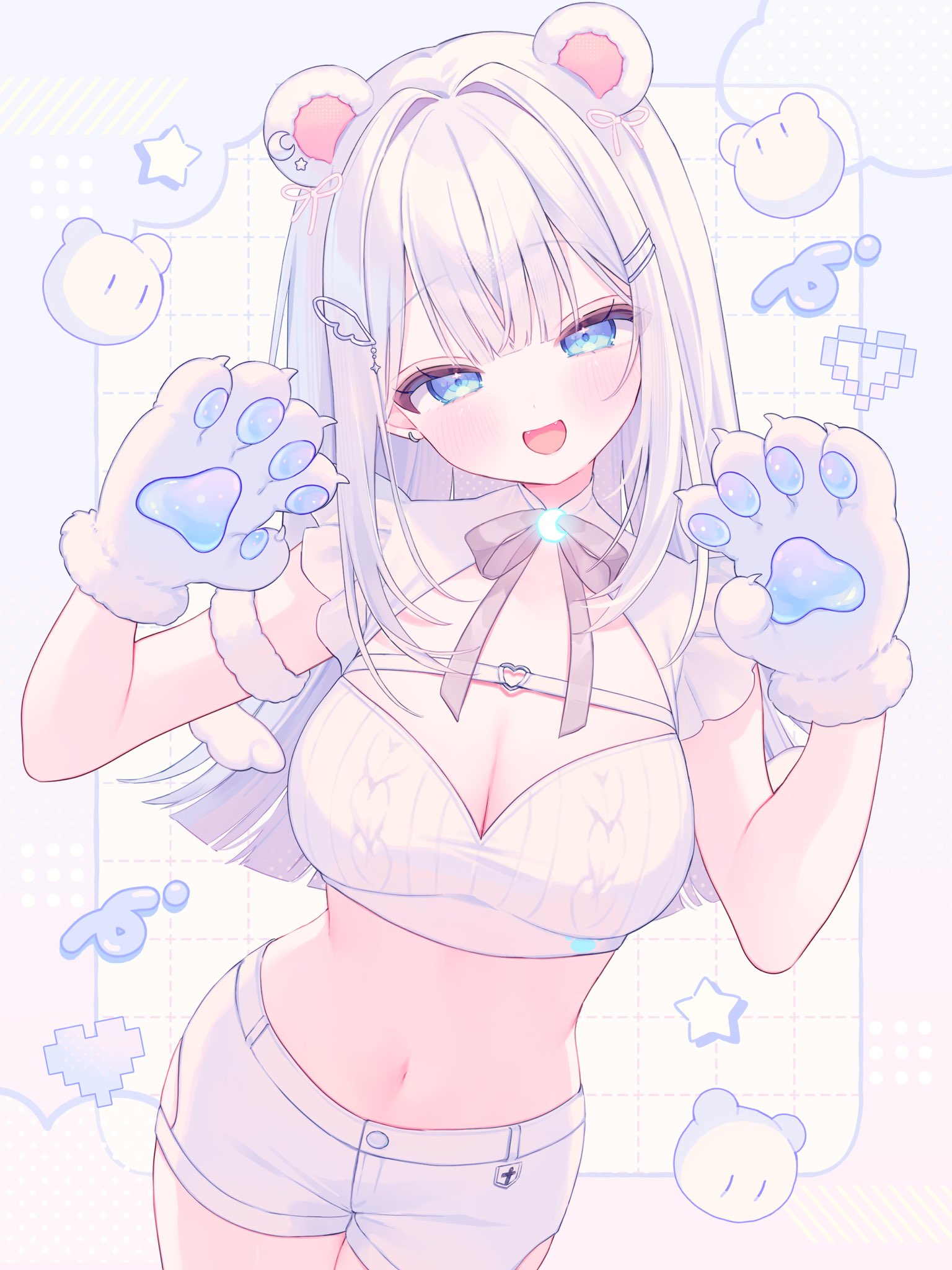 hakua aa, indie virtual youtuber, commentary request, highres, 1girl, animal ears, animal hands, bear ears, blue eyes, bow, bowtie, breasts, cable knit, cleavage, cleavage cutout, clothing cutout, cowboy shot, crop top, extra ears, fangs, frilled shirt, frills, gloves, hair ornament, hairclip, hands up, hip vent, large breasts, long hair, looking at viewer, midriff, navel, open mouth, paw gloves, ribbed shirt, shirokuma hakua, shirt, short shorts, shorts, sleeveless, sleeveless shirt, smile, solo, stomach, virtual youtuber, white hair, white shirt, white shorts
