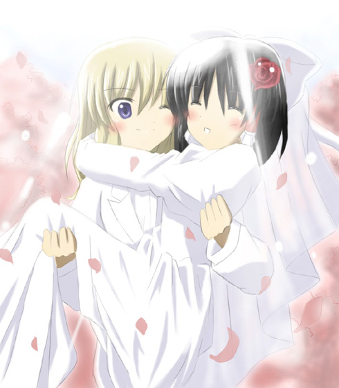 exe (artist), xe (execut3r), hakurei reimu, kirisame marisa, touhou, 2girls, blonde hair, bride, carrying, dress, female focus, flower, formal clothes, multiple girls, pant suit, pants, princess carry, rose, suit, wedding, wedding dress, yuri