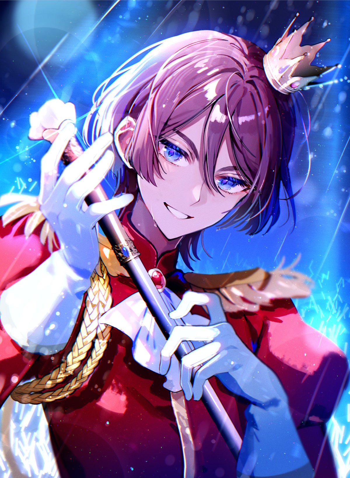 tawan (46okuneeen), pretty rhythm, pretty series, highres, aiguillette, ascot, bishounen, blue background, blue eyes, brooch, brown hair, crown, epaulettes, glint, gloves, hair between eyes, holding, holding scepter, idol, idol clothes, jacket, jewelry, juliet sleeves, king of prism, long sleeves, looking at viewer, male focus, norizuki jin, puffy sleeves, red jacket, scepter, short hair, smile, solo, spotlight, upper body, white ascot, white gloves