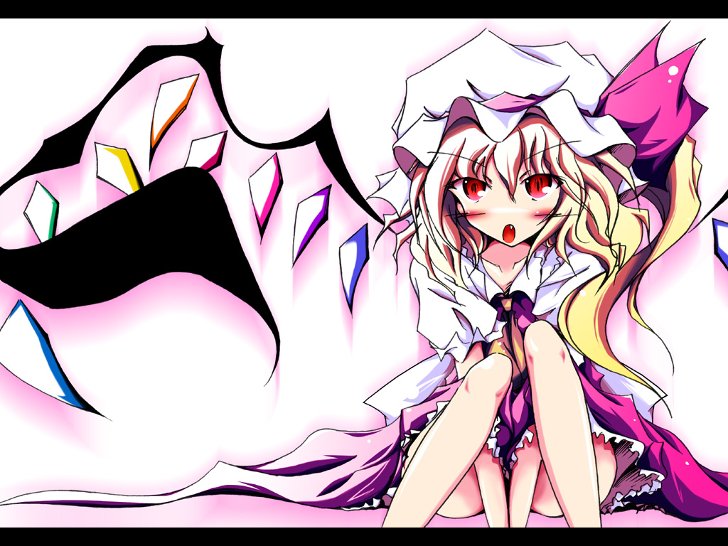mashiroyu, flandre scarlet, embodiment of scarlet devil, touhou, >:o, 1girl, :o, ascot, asymmetrical hair, blonde hair, blush, collarbone, dress, female focus, frilled skirt, frills, gradient background, hat, hat ribbon, letterboxed, long hair, mob cap, pink dress, pink ribbon, red eyes, ribbon, shirt, short hair, side ponytail, skirt, solo, tsurime, v-shaped eyebrows, white hat, white shirt, wings, yellow ascot