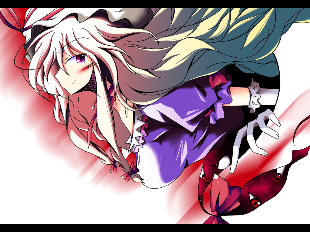 mashiroyu, yakumo yukari, touhou, eyebrows, 1girl, blonde hair, blush, bow, breasts, cleavage, elbow gloves, female focus, frilled gloves, frilled shirt, frills, gap (touhou), gloves, hair bow, hat, hat ribbon, large breasts, letterboxed, long hair, looking back, mob cap, neck ribbon, pink eyes, puffy short sleeves, puffy sleeves, purple shirt, red bow, ribbon, shirt, short sleeves, smile, solo, white gloves, white hat