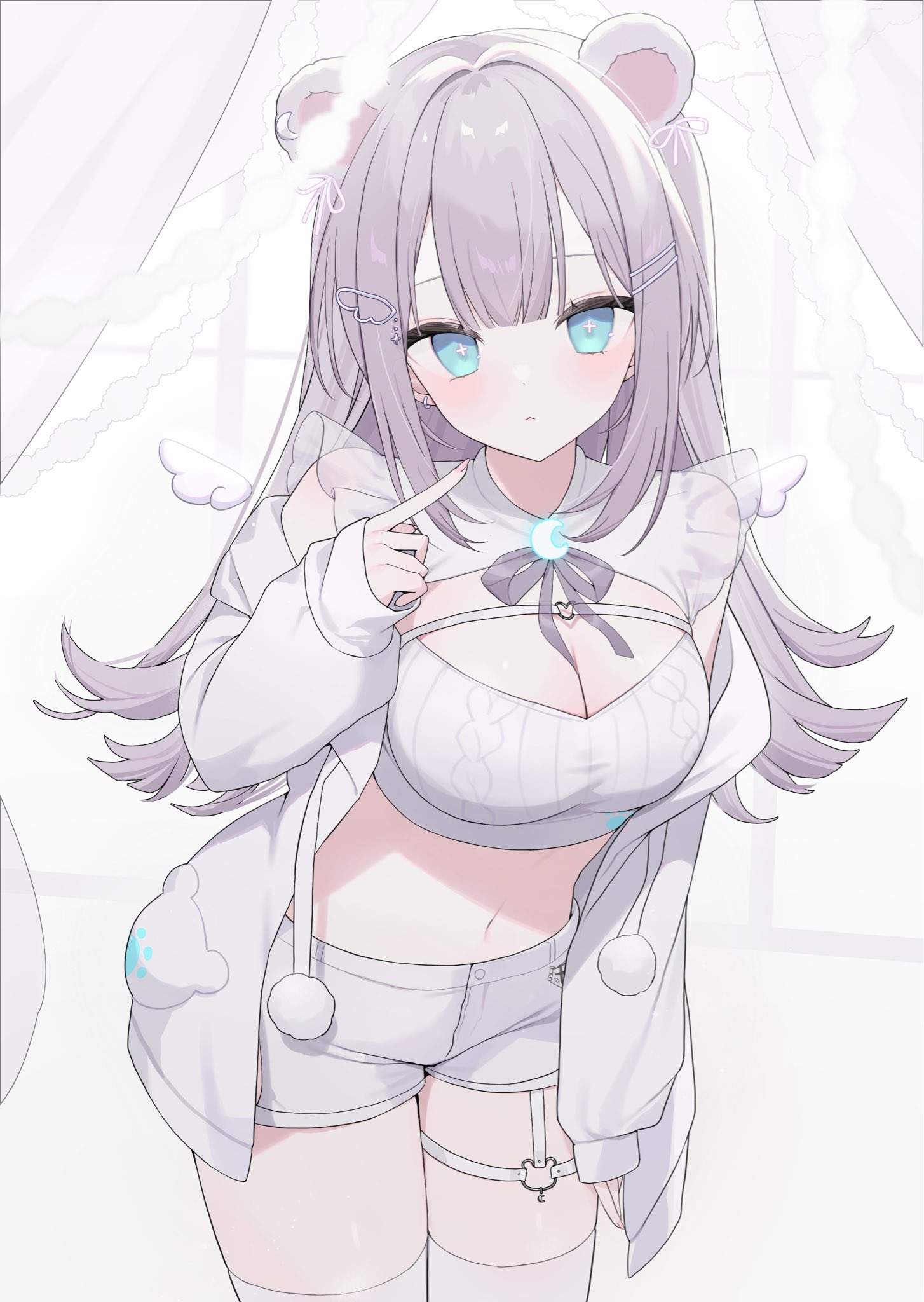 hakua aa, indie virtual youtuber, highres, 1girl, animal ears, bear ears, blue eyes, bow, bowtie, breasts, cleavage, cleavage cutout, closed mouth, clothing cutout, cowboy shot, crop top, cross-shaped pupils, curvy, drawstring, extra ears, frilled shirt, frills, hair ornament, hairclip, jacket, large breasts, leaning forward, long hair, long sleeves, looking at viewer, midriff, navel, off shoulder, shirokuma hakua, shirt, short shorts, shorts, sleeveless, sleeveless shirt, solo, stomach, symbol-shaped pupils, thick thighs, thigh strap, thighhighs, thighs, virtual youtuber, white hair, white jacket, white shirt, white shorts, white thighhighs