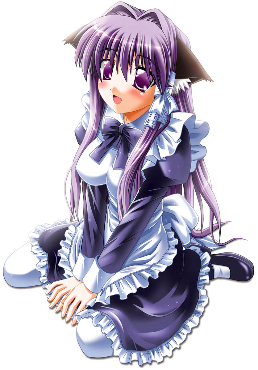 otoki raku, fujibayashi kyou, clannad, 00s, 1girl, animal ears, blush, breasts, female focus, kemonomimi mode, long hair, maid, open mouth, pantyhose, simple background, smile, solo, very long hair, white background