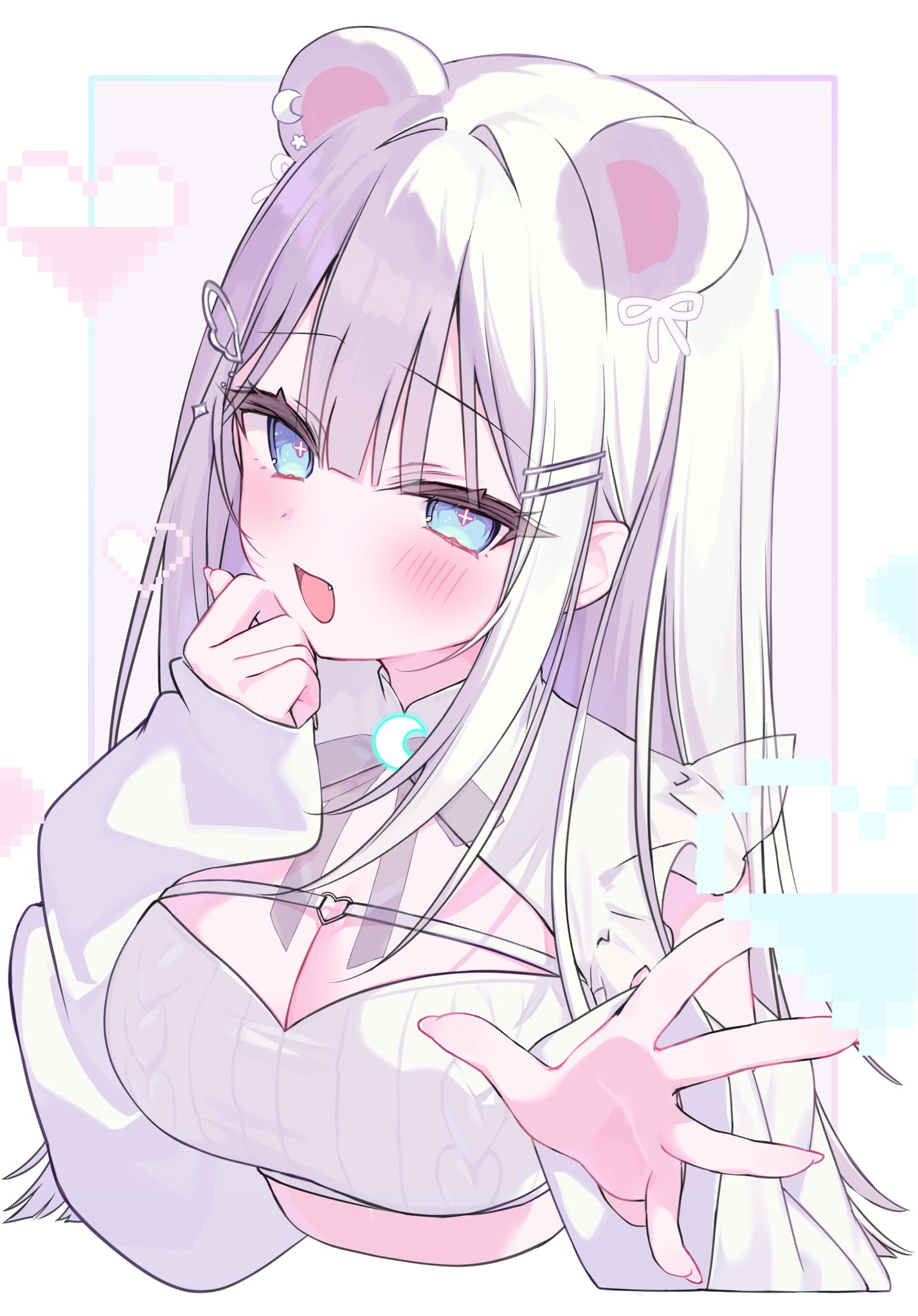 hakua aa, indie virtual youtuber, commentary request, highres, 1girl, animal ears, bear ears, blue eyes, breasts, cleavage, cleavage cutout, clothing cutout, crop top, cropped torso, cross-shaped pupils, extra ears, fang, frilled shirt, frills, hair ornament, hairclip, hand up, jacket, large breasts, long hair, looking at viewer, open mouth, shirokuma hakua, shirt, sidelocks, smile, solo, symbol-shaped pupils, virtual youtuber, white hair, white jacket, white shirt