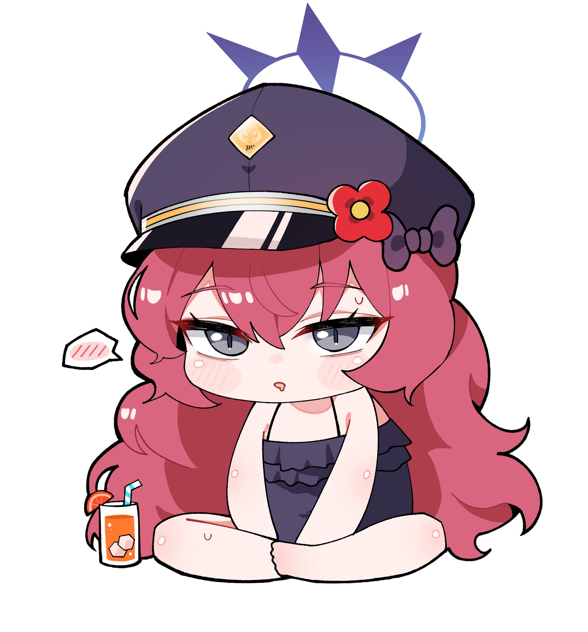 cetci, iroha (blue archive), blue archive, fluffy hair, commentary, highres, korean commentary, 1girl, alternate costume, barefoot, black bow, black hat, blue halo, blue one-piece swimsuit, blush stickers, bow, casual one-piece swimsuit, chibi, chibi only, drink, drooling, eyelashes, flower, frilled one-piece swimsuit, frills, full body, glass, grey eyes, hair between eyes, hair bow, halo, hat, hat flower, indian style, long hair, looking at viewer, mouth drool, one-piece swimsuit, open mouth, peaked cap, red flower, red hair, simple background, sitting, slit pupils, solo, spaghetti strap, speech bubble, spoken blush, sweatdrop, swimsuit, tsurime, very long hair, white background