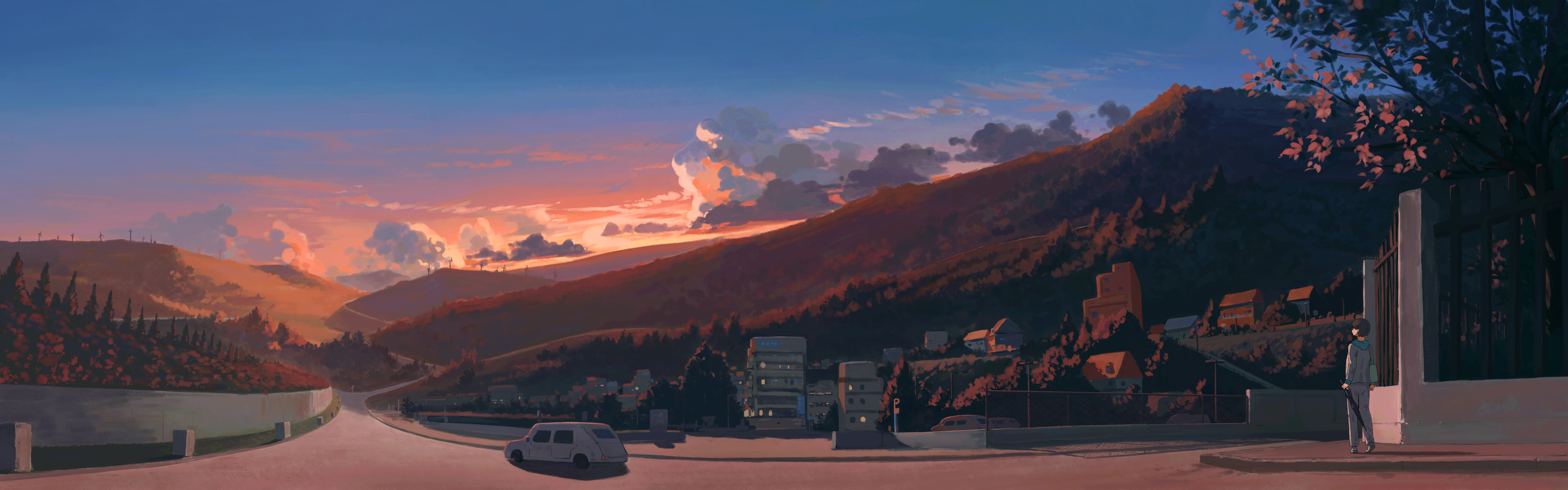 original, absurdres, chinese commentary, commentary request, highres, 1girl, blue sky, building, car, cloud, feitu233, fence, fir tree, forest, from behind, gradient sky, grey car, hill, house, iron fence, motor vehicle, nature, orange sky, road, scenery, shadow, sky, solo, standing, sunset, tree, valley, very wide shot