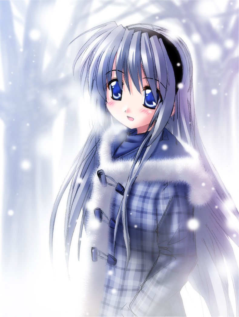 otoki raku, sakagami tomoyo, clannad, 00s, blue eyes, blush, long hair, snow