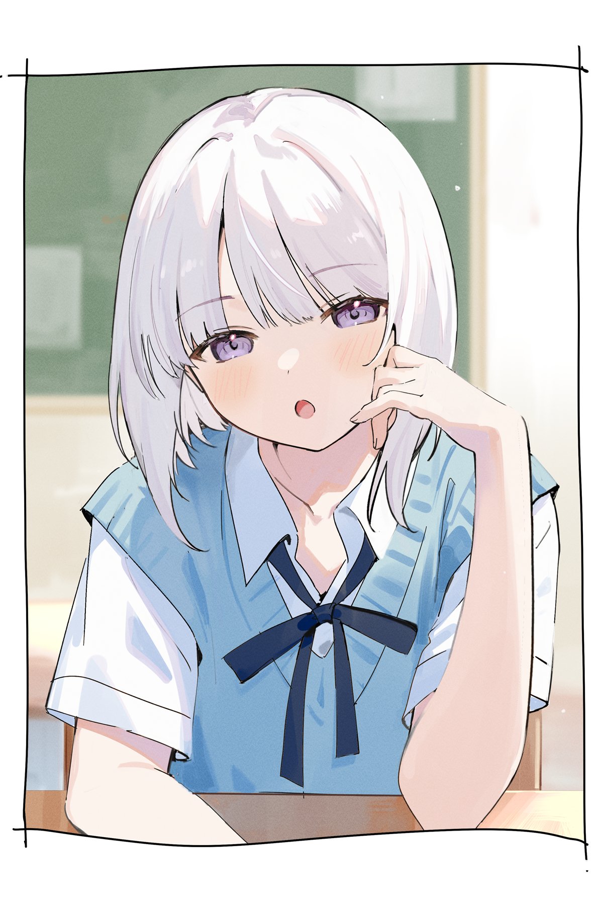 urata asao, original, commentary request, highres, 1girl, :o, blue ribbon, blue sweater vest, blurry, blush, border, chair, chalkboard, depth of field, desk, hand up, indoors, looking at viewer, medium hair, neck ribbon, popped collar, purple eyes, ribbon, school desk, school uniform, shirt, short sleeves, sitting, solo, sweater vest, talking, upper body, white border, white hair, white shirt