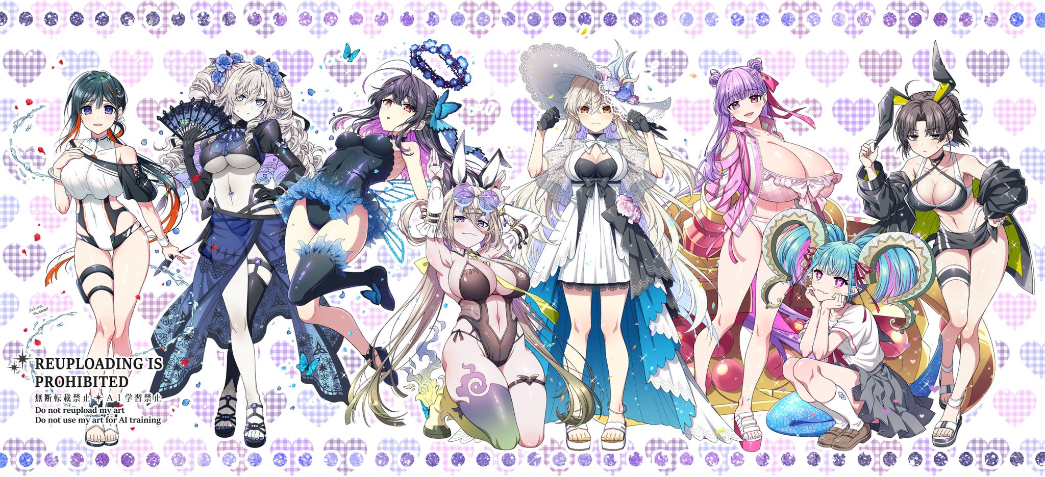sakura tsubame, huyan zhuo (fate), kriemhild (fate), kriemhild (swimsuit rider) (first ascension) (fate), miss crane (fate), miyu edelfelt, miyu edelfelt (swimsuit lancer), miyu edelfelt (swimsuit lancer) (third ascension), olga marie animusphere, passionlip (fate), ryougi shiki, ryougi shiki (swimsuit mooncancer), tiamat (fate), u-olga marie, u-olga marie (first ascension), fate/grand order, fate (series), highres, 6+girls, ahoge, animal ears, aqua hair, armpits, arms up, bare shoulders, bikini, black bikini, black dress, black gloves, black hair, black jacket, black leotard, black one-piece swimsuit, black shirt, black shrug, black thighhighs, blue tail, blunt bangs, blush, bow, bracelet, breasts, brown hair, brown shoes, bug, butterfly, butterfly hair ornament, chaldea logo, choker, claw (weapon), cleavage, colored inner hair, cropped shirt, curled horns, detached collar, detached sleeves, double bun, dress, earrings, elbows on thighs, eyewear on head, fake animal ears, fang, flower, folding fan, from side, full body, gloves, green hair, green horns, green necktie, grey eyes, grey hair, grey sailor collar, grey skirt, hair between eyes, hair bun, hair ornament, hair ribbon, hair rings, hairclip, halo, hand fan, hands up, hat, head on hands, heart, heart background, highleg, highleg one-piece swimsuit, horns, huge breasts, huyan zhuo (swimsuit berserker) (fate), insect, jacket, jeunesse crane (first ascension) (fate), jewelry, kneeling, kriemhild (swimsuit rider) (fate), large breasts, large hat, large horns, larva tiamat (swimsuit archer) (second ascension) (fate), layered dress, legs folded, leotard, loafers, long hair, long horns, long sleeves, looking at viewer, low twintails, medium breasts, mole, mole under eye, multicolored bikini, multicolored hair, multiple girls, navel, navel piercing, necktie, off shoulder, one-piece swimsuit, open mouth, orange eyes, out of frame, parted bangs, passionlip (swimsuit saber) (first ascension) (fate), piercing, pink bikini, pink eyes, pink hair, pink jacket, pink ribbon, pleated skirt, plunging neckline, pointy ears, ponytail, purple eyes, purple hair, rabbit ears, rabbit pose, red bow, red eyes, red hair, red ribbon, ribbon, ryougi shiki (swimsuit mooncancer) (first ascension), sailor collar, sailor shirt, sandals, sarong, school uniform, serafuku, shirt, shoes, short hair, shrug (clothing), single thighhigh, skin fang, skirt, small breasts, smile, socks, squatting, standing, streaked hair, summer uniform, sunglasses, swimsuit, symbol-shaped pupils, thick eyebrows, thigh strap, thighhighs, thighs, tiamat (swimsuit archer) (fate), twintails, two-sided fabric, two-tone bikini, two-tone dress, two-tone hair, two-tone one-piece swimsuit, two-tone shirt, underboob, very long hair, watermark, weapon, white bikini, white dress, white hair, white hat, white one-piece swimsuit, white shirt, white shoes, white socks, wide brim, wristband, x-shaped pupils
