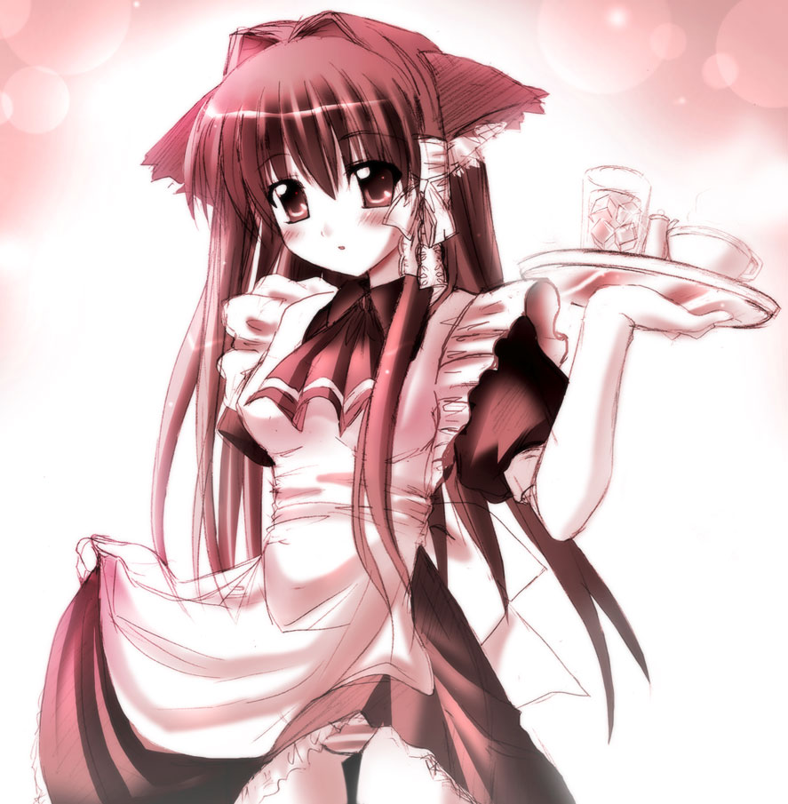 otoki raku, fujibayashi kyou, clannad, 00s, 1girl, animal ears, female focus, maid, monochrome, panties, red theme, solo, standing, striped clothes, striped panties, underwear, waitress