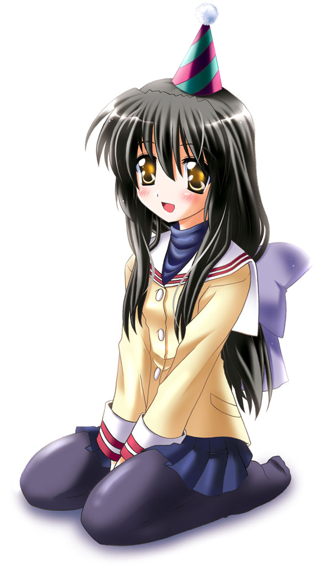 otoki raku, ibuki fuuko, clannad, 00s, feet, hat, pantyhose, party hat, school uniform, serafuku, socks, solo