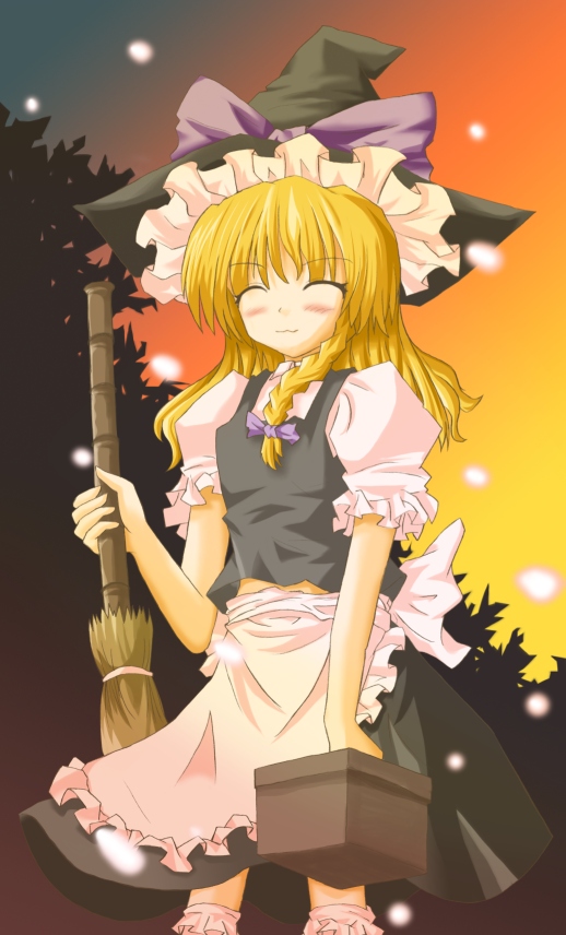 lzh, kirisame marisa, touhou, 1girl, broom, female focus, gradient background, hat, nature, outdoors, plant, skirt, sky, solo, sunset
