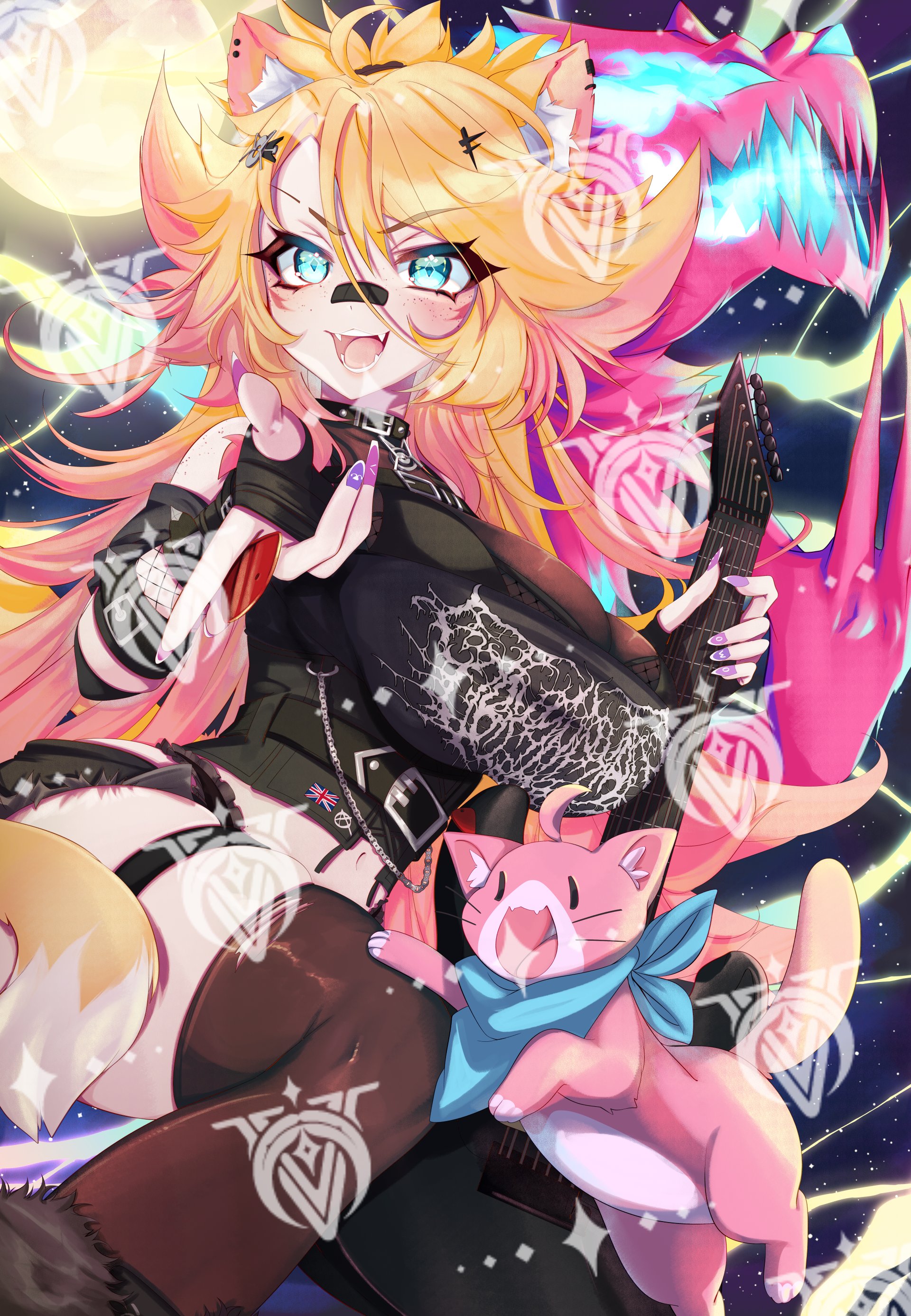 alfyria, obkatiekat, obkatiekat (2nd costume), indie virtual youtuber, absurdres, highres, 1girl, animal ear fluff, animal ears, bandaid, bandaid on face, bandaid on nose, black gloves, black shorts, blonde hair, blue eyes, breasts, cat, cat ears, cat girl, earrings, fingerless gloves, freckles, gloves, gradient hair, guitar, hair between eyes, hair ornament, holding, holding guitar, holding instrument, instrument, jewelry, large breasts, multicolored hair, multicolored nails, navel, open mouth, pink hair, pink nails, purple nails, see-through cleavage, see-through clothes, shorts, smile, thigh strap, thighhighs, two-tone nails, union jack, virtual youtuber, watermark