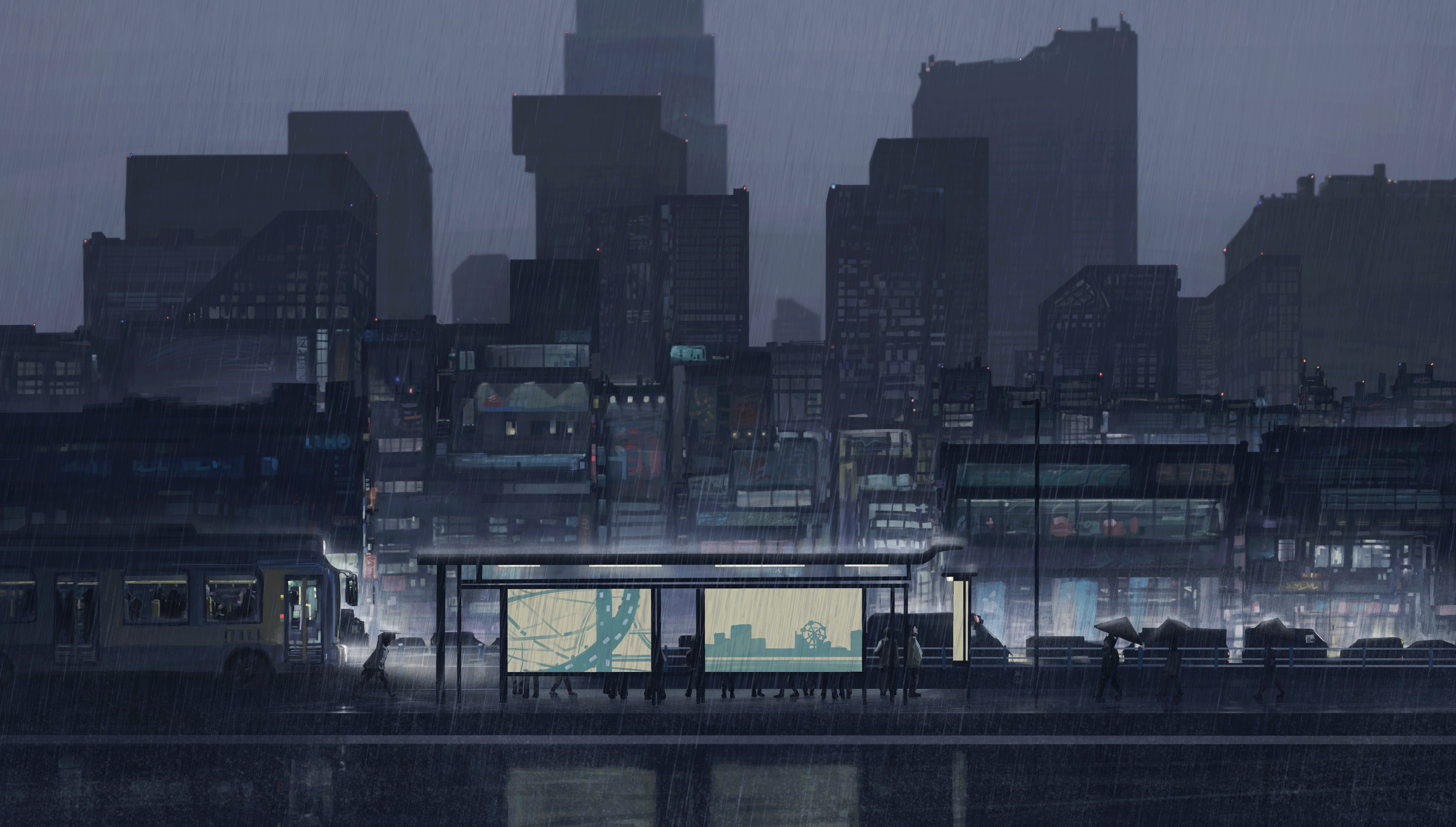 original, absurdres, chinese commentary, commentary request, highres, building, bus, bus stop, city, cityscape, feitu233, grey sky, motor vehicle, night, outdoors, people, rain, scenery, sky, skyline, skyscraper