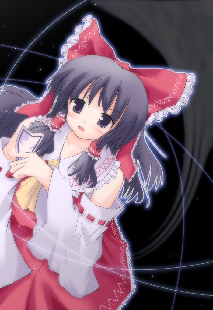 lzh, hakurei reimu, touhou, eyebrows, 1girl, ascot, bare shoulders, black background, black eyes, black hair, blush, bow, collarbone, detached sleeves, dutch angle, female focus, hair bow, hair tubes, looking at viewer, ofuda, open mouth, red bow, red skirt, ribbon-trimmed sleeves, ribbon trim, sidelocks, skirt, solo