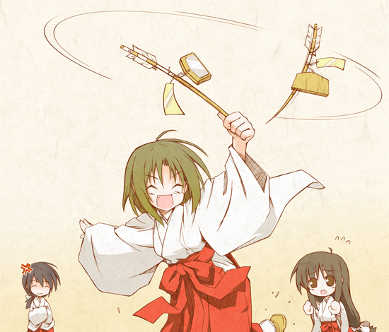 tsuchiyama niu, 3girls, hakama, hakama skirt, japanese clothes, miko, multiple girls, new year, red hakama, skirt