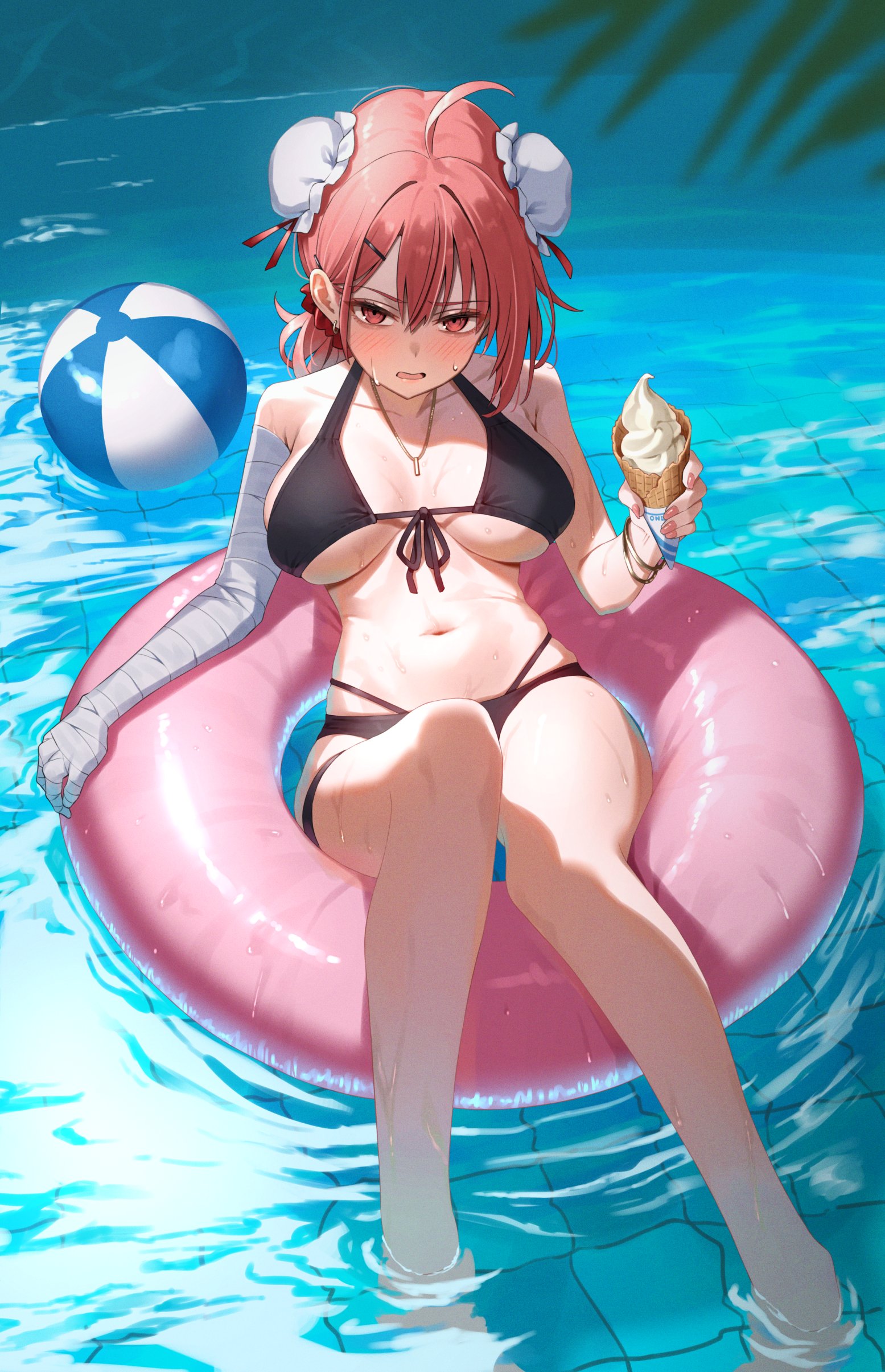greenkohgen, ibaraki kasen, touhou, absurdres, commentary request, highres, 1girl, ahoge, alternate costume, ball, bandaged arm, bandages, barefoot, beachball, bikini, black bikini, bracelet, breasts, breasts apart, bun cover, double bun, food, front-tie bikini top, front-tie top, hair bun, holding, holding food, holding ice cream, ice cream, jewelry, large breasts, looking at viewer, medium hair, multi-strapped bikini bottom, navel, necklace, open mouth, pink eyes, pink hair, pink innertube, pink nails, pool, soft serve, solo, swimsuit, water, wet