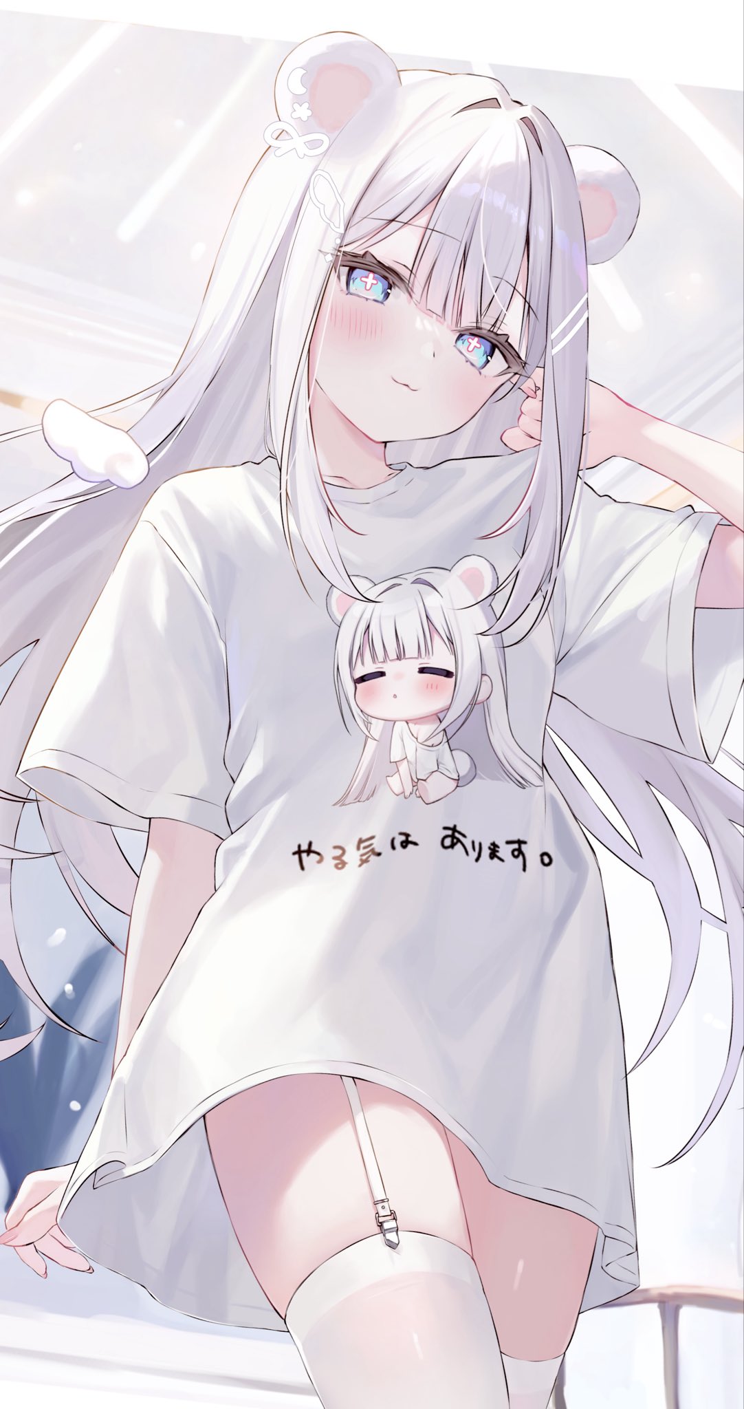 hakua aa, indie virtual youtuber, commentary request, highres, translation request, 1girl, :3, animal ears, bear ears, blue eyes, closed mouth, cowboy shot, cross-shaped pupils, garter straps, hand up, long hair, long shirt, looking at viewer, shirokuma hakua, shirt, short sleeves, smile, solo, symbol-shaped pupils, thighhighs, thighs, virtual youtuber, white hair, white shirt, white thighhighs, zettai ryouiki