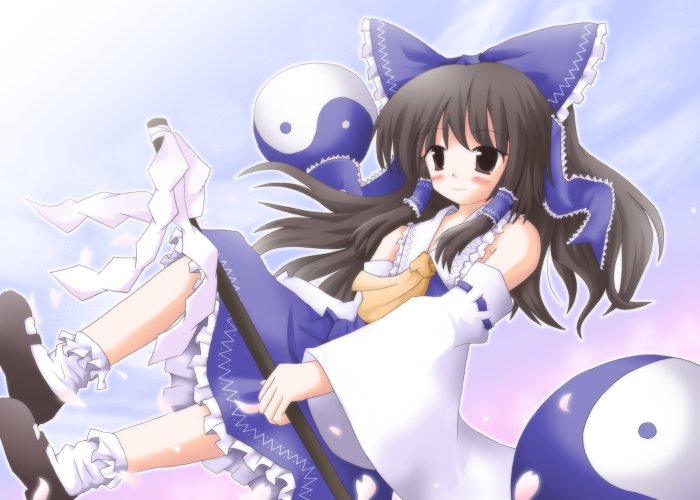 lzh, hakurei reimu, immaterial and missing power, touhou, 1girl, alternate color, female focus, gradient background, outdoors, player 2, sky, solo, white background, yin yang
