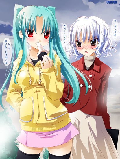 noto (soranoto), original, translated, 2girls, blazer, brown eyes, cloud, food, green hair, hood, hoodie, jacket, long hair, mochi, multiple girls, red eyes, short hair, skirt, sky, thighhighs, twintails, wagashi, white hair, zettai ryouiki