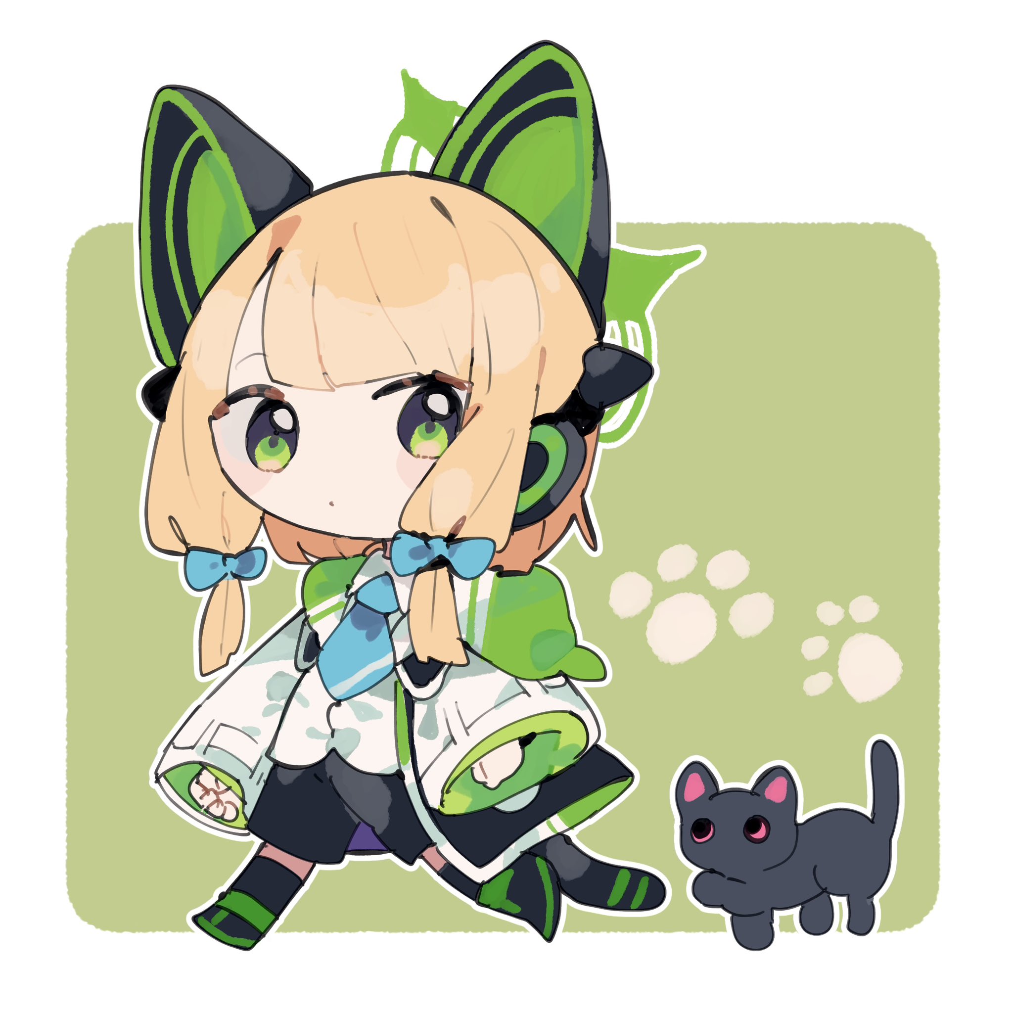 byako (srktn), midori (blue archive), blue archive, commentary, highres, 1girl, animal, animal ear headphones, animal ears, black cat, black jacket, black shoes, black shorts, black socks, black tail, blonde hair, blue bow, blue necktie, border, bow, cat, cat ear headphones, cat ears, cat tail, chibi, chibi only, closed mouth, collared shirt, dot nose, fake animal ears, fake tail, full body, green background, green eyes, green halo, green jacket, green shoes, hair bow, halo, headphones, hood, hood down, hooded jacket, jacket, long sleeves, looking back, low-tied sidelocks, multicolored jacket, multicolored shoes, necktie, open clothes, open jacket, outline, outside border, parted bangs, paw print, paw print background, shirt, shoes, short hair, shorts, sidelocks, sleeves past wrists, socks, solo, tail, two-tone shoes, walking, white border, white jacket, white outline, white shirt
