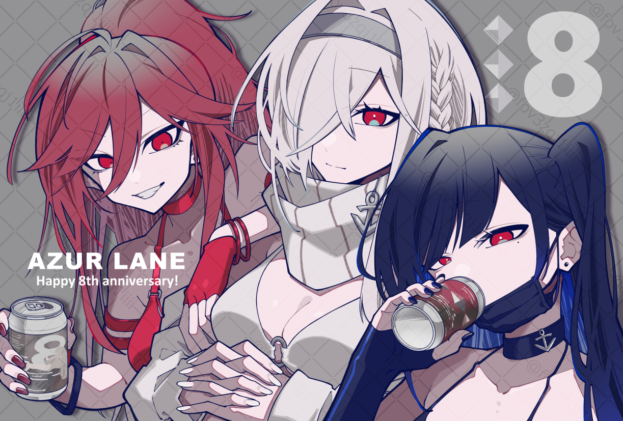 mglubino, colorado (azur lane), colorado (sunset cavatina) (azur lane), maryland (azur lane), maryland (red-hot drummer) (azur lane), west virginia (azur lane), west virginia (scenic rhapsody) (azur lane), azur lane, commentary request, 3girls, alternate costume, anchor choker, blue choker, blue gloves, blue hair, blue nails, breasts, can, choker, cleavage, collarbone, drink can, ear piercing, english text, fingerless gloves, gloves, hair between eyes, hair over one eye, high ponytail, holding, holding can, long hair, long hair between eyes, mask, medium breasts, mouth mask, multiple girls, nail polish, official alternate costume, piercing, ponytail, red choker, red eyes, red gloves, red hair, red nails, scarf, siblings, simple background, sisters, smile, twintails, upper body, white hair, white nails, white scarf