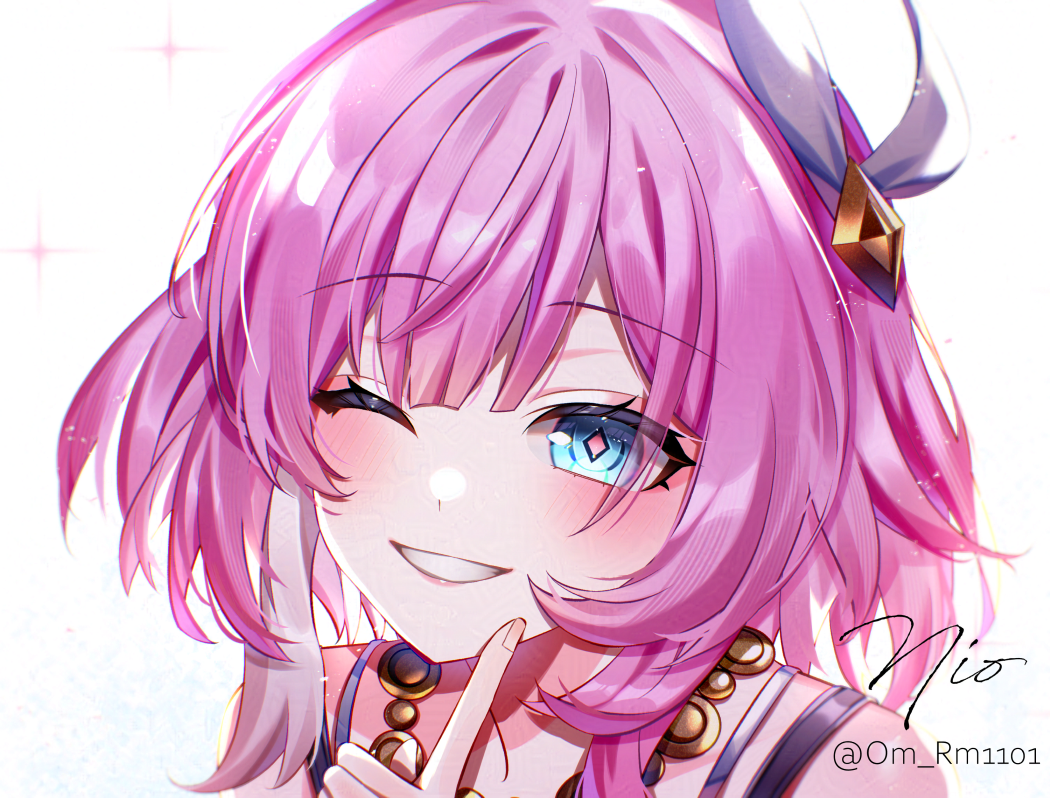 om rm1101, cyrene (honkai: star rail), honkai: star rail, honkai (series), adversarial noise, commentary, 1girl, bare shoulders, blue eyes, diamond-shaped pupils, diamond (shape), finger to face, hair ornament, jewelry, light blush, looking at viewer, medium hair, necklace, one eye closed, parted lips, pink hair, pink pupils, portrait, signature, smile, solo, symbol-shaped pupils, twitter username