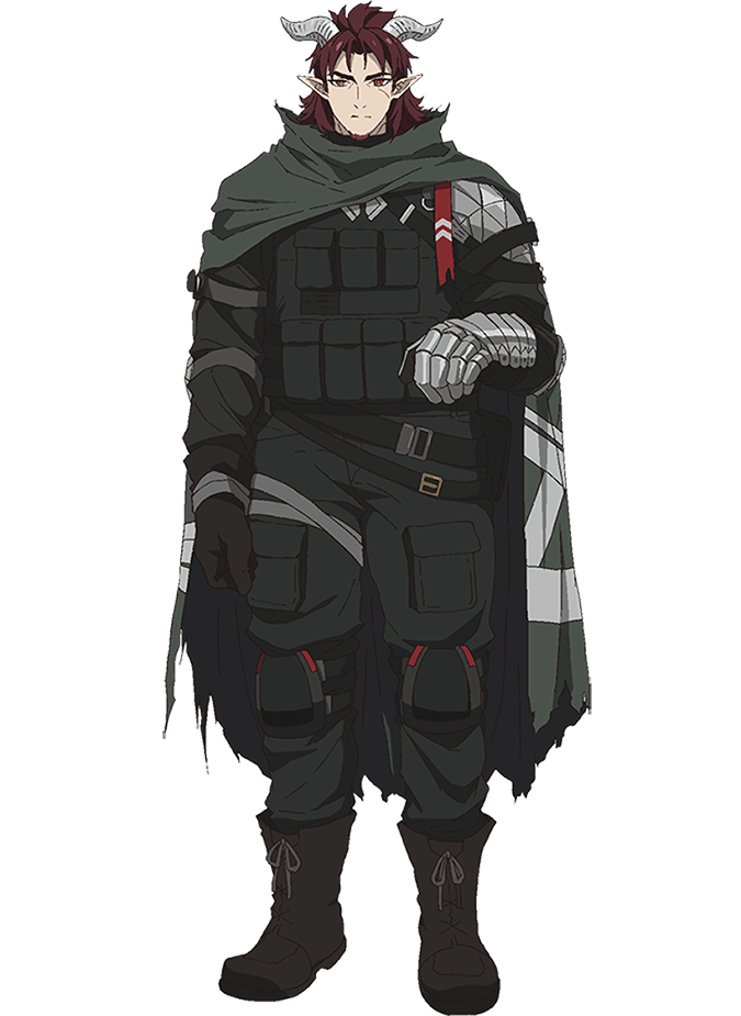 takafuji aya, hoederer (arknights), arknights, official art, 1boy, anime coloring, armband, beard, belt, belt pouch, boots, brown boots, brown gloves, bulletproof vest, clenched hands, cloak, closed mouth, curtained hair, demon horns, facial hair, full body, gauntlets, gloves, green belt, green cloak, green jacket, green pants, hand up, horns, jacket, knee guards, long hair, looking at viewer, pants, pointy ears, pouch, red eyes, red hair, simple background, solo, standing, transparent background, v-shaped eyebrows