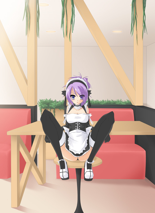 noi (noi 2y), akizuki nagi, original, peace@pieces, 1girl, ass, breasts, female focus, full body, indoors, maid, plant, sitting, solo, spread legs, thighhighs