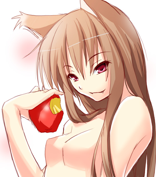 nilitsu, holo, spice and wolf, 00s, 1girl, animal ears, apple, breasts, brown hair, fang, female focus, food, fruit, holding, holding food, holding fruit, long hair, medium breasts, no nipples, nude, smirk, solo, topless frame, upper body, wolf ears