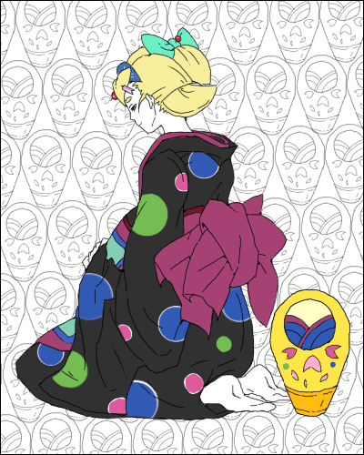 shino (mononoke), mononoke, toei company, lowres, 00s, 1girl, blonde hair, bow, daruma doll, female focus, from behind, hair ornament, hands on own stomach, japanese clothes, kanzashi, kimono, obi, patterned background, pregnant, sash, seiza, sitting, solo