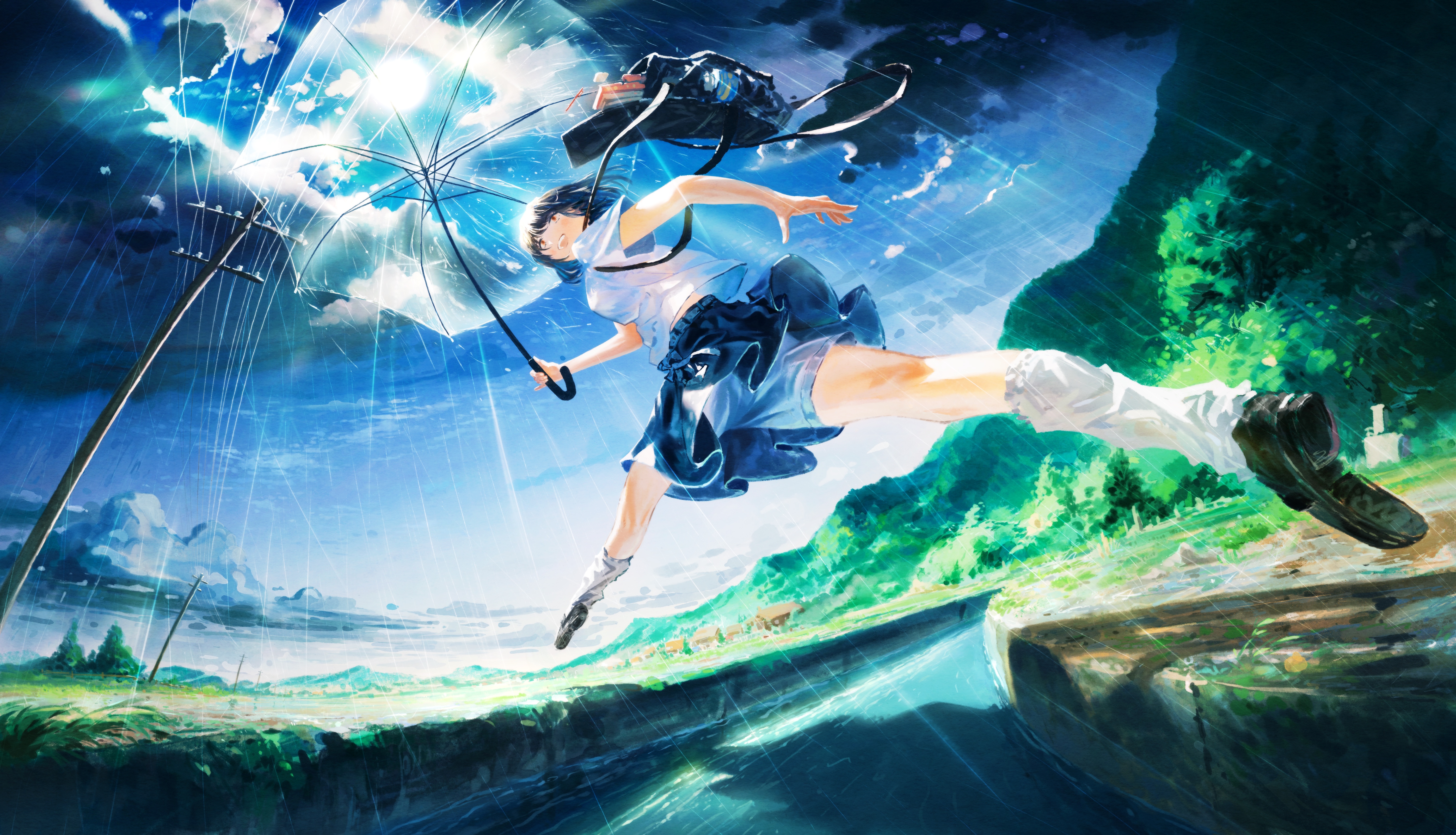original, absurdres, chinese commentary, commentary request, highres, 1girl, bag, black hair, black shoes, blue shorts, blue skirt, cloud, cloudy sky, day, feitu233, full body, hill, holding, holding umbrella, jumping, kneehighs, nature, open mouth, orange eyes, outdoors, pleated skirt, rain, running, scenery, school bag, school uniform, shadow, shirt, shoes, short hair, short sleeves, shorts, shorts under skirt, skirt, sky, smile, socks, solo, stream, summer, summer uniform, sun, sunlight, transparent, transparent umbrella, tree, umbrella, utility pole, white shirt, white socks