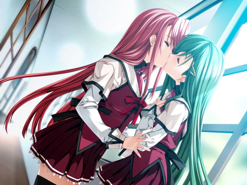 homura yuuri, kisaragi shuuji, yamada taeko, koisuru otome to shugo no tate, game cg, dutch angle, green hair, kiss, red hair, school uniform, trap