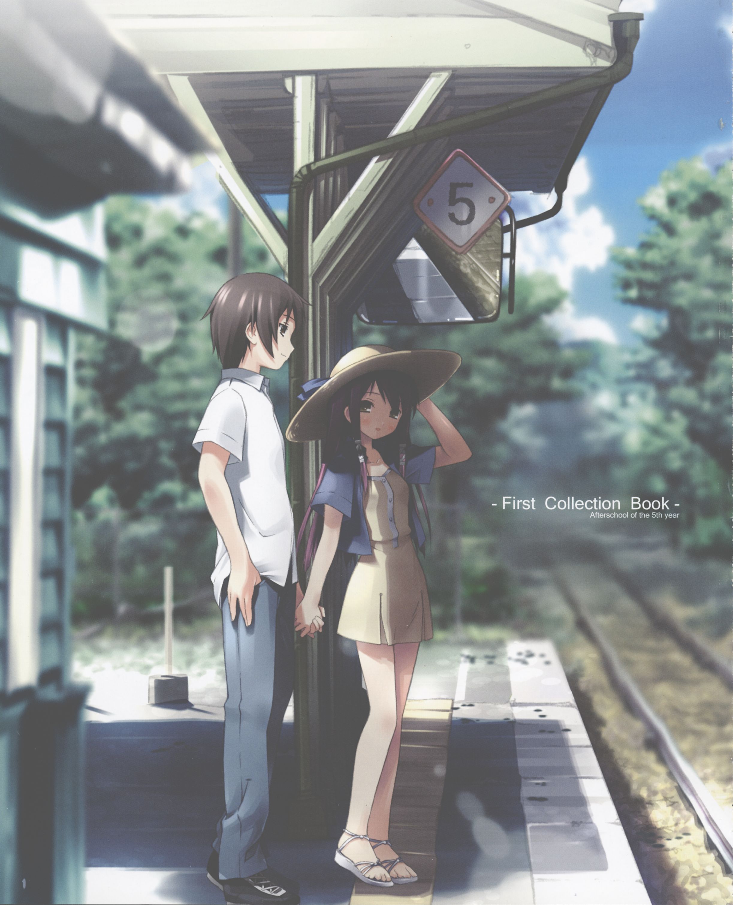 kantoku, kiriyama keigo, sera karen, comiket 72, kantoku collection, sakura musubi, absurdres, artbook, highres, scan, 1boy, 1girl, black hair, c72, couple, dress, feet, hand on headwear, hat, hetero, holding hands, long hair, moe (phrase), purple hair, railroad tracks, sandals, sun hat, tachiyomi senyou, traffic mirror, train station