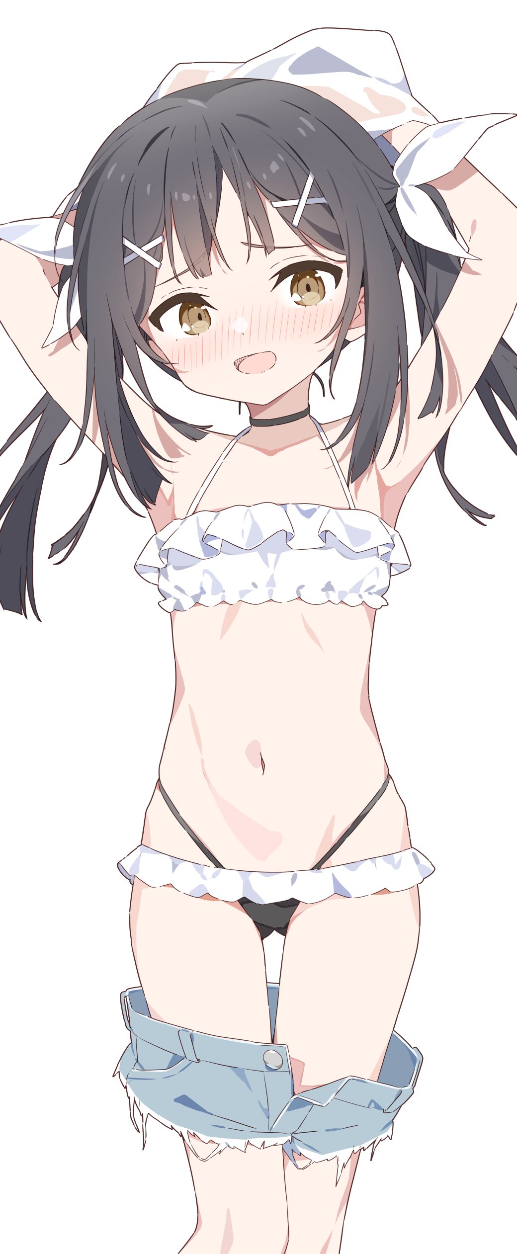urotsuki (ku9625), miyu edelfelt, fate/grand order, fate/kaleid liner prisma illya, fate (series), absurdres, character request, check character, highres, 1girl, armpits, bikini, black hair, blush, brown eyes, denim, denim shorts, dot nose, flat chest, frilled bikini, frills, hair ornament, hairclip, looking at viewer, navel, open mouth, petite, shorts, solo, stomach, swimsuit, thighs, white background, white bikini, x hair ornament