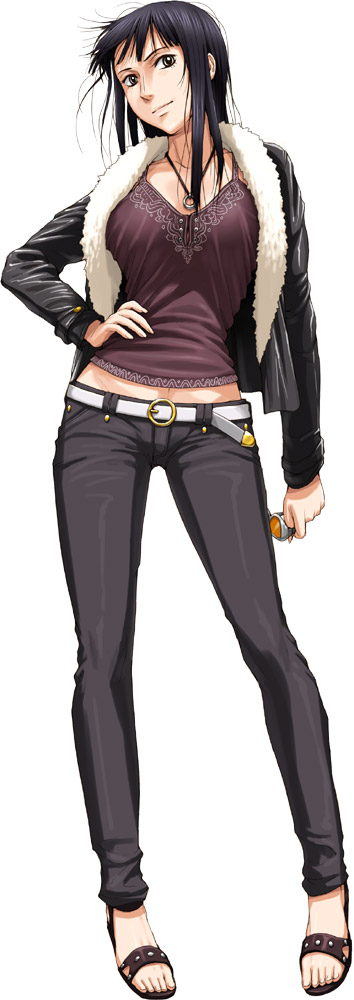 nigou, nico robin, one piece, long image, tall image, 1girl, belt, black hair, black pants, camisole, denim, feet, female focus, full body, fur trim, hand on own hip, hip focus, jeans, jewelry, necklace, pants, purple hair, sandals, short hair, simple background, solo, standing, sunglasses, transparent background, white background